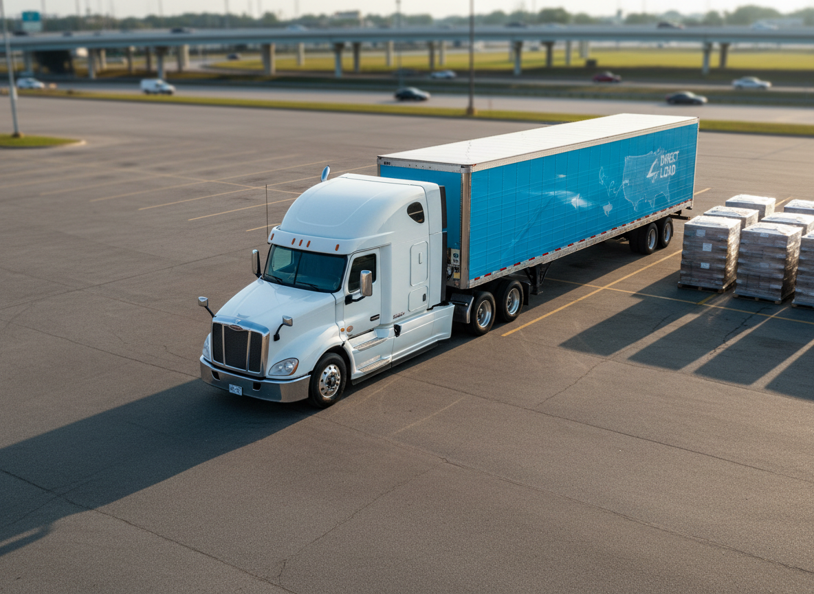 A long, gleaming white semi-truck cab connected to a bright blue trailer, both spotless and modern, parked in the center of a large, well-organized distribution yard. The trailer is wrapped with a subtle Direct Load–style graphic showing stylized arrows moving freight across a simplified USA map. Late afternoon sunlight casts clean, defined shadows and creates gentle highlights along the truck’s chrome details and smooth panels. Neatly stacked, shrink-wrapped pallets sit nearby on striped loading bays, with distant highway overpasses softly blurred in the background. Photographic realism, shot from a slightly elevated, three-quarter angle with sharp focus on the truck and a mild bokeh on the horizon, creating a professional, trustworthy, and efficient atmosphere suitable for a freight-matching business homepage hero image.